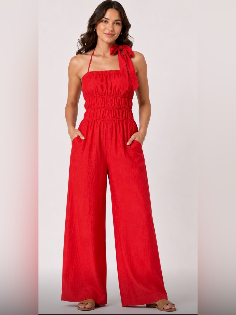 Red Halter Jumpsuit with Tie Neck small